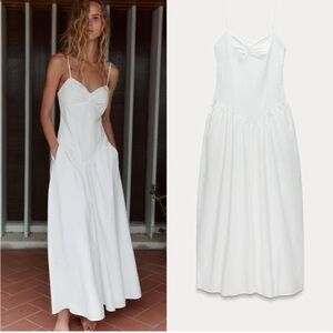Zara White Cotton Strappy Gabardine Dress V-Neck Flounced Hem Pocket NWOT